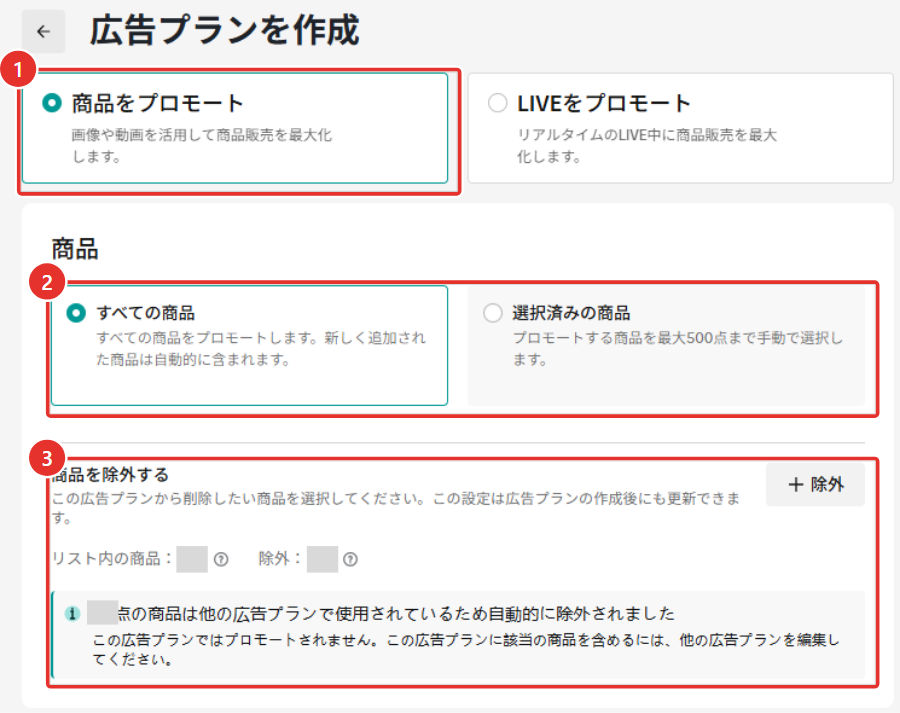 「広告プランを作成」の画面。1が「商品をプロモート」、2が「すべての商品」と「選択済みの商品」の選択、3が「商品を除外する」と、他の広告プランで使われている商品が自動的に除外されたことを示す注記。商品の点数はマスクしている