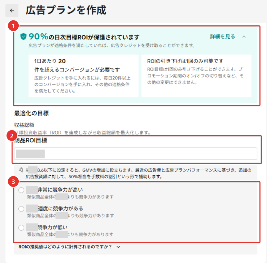 「最適化と予算」の画面。1が「90%の日次目標ROIが保護されています」の表示（1日あたり20件を超えるコンバージョンが必要、ROIの引き下げは1回のみ可能）、2が「商品ROI目標」の入力欄、3が推奨値3つと競争力の表示。入力値・推奨値・割合はマスクしている