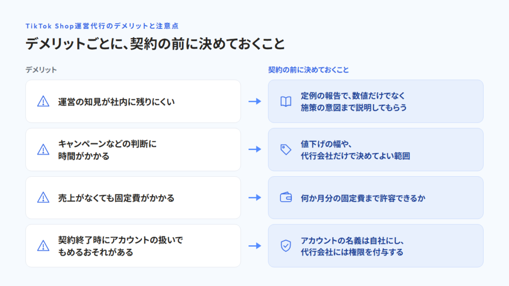 TikTok Shop運営代行のデメリットと、契約の前に決めておくこと