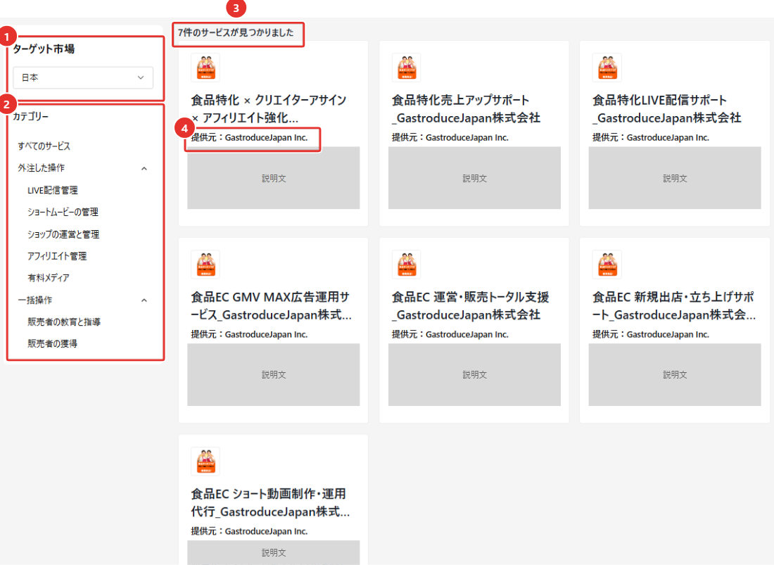 パートナー一覧で当社の表示名を検索した結果(日本語表示)。①ターゲット市場「日本」、②カテゴリー(外注した操作・一括操作の区分)、③「7件のサービスが見つかりました」、④「提供元:」の表示に赤枠を付けた画面。各サービスの説明文は隠している