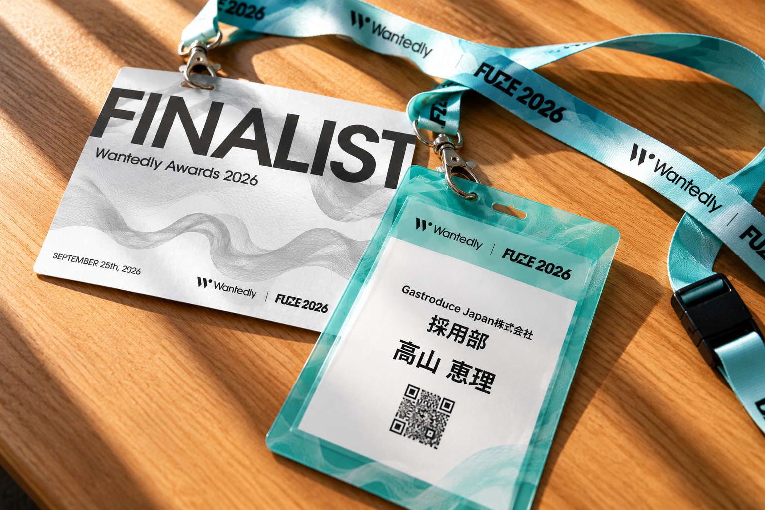 Wantedly Awards 2026 FINALISTバッジとFUZE 2026のランヤード